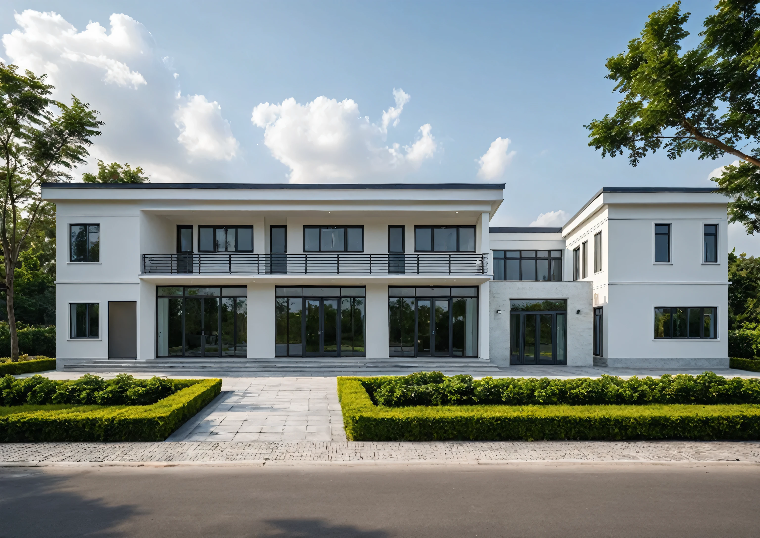 Masterpiece, high quality, best quality, authentic, realistic scene, super detail, outdoors, house on the street ,white wall, glass window, steel gate, road, pavement, grass, trees, sky, cloud, car (daylight:1.1)
