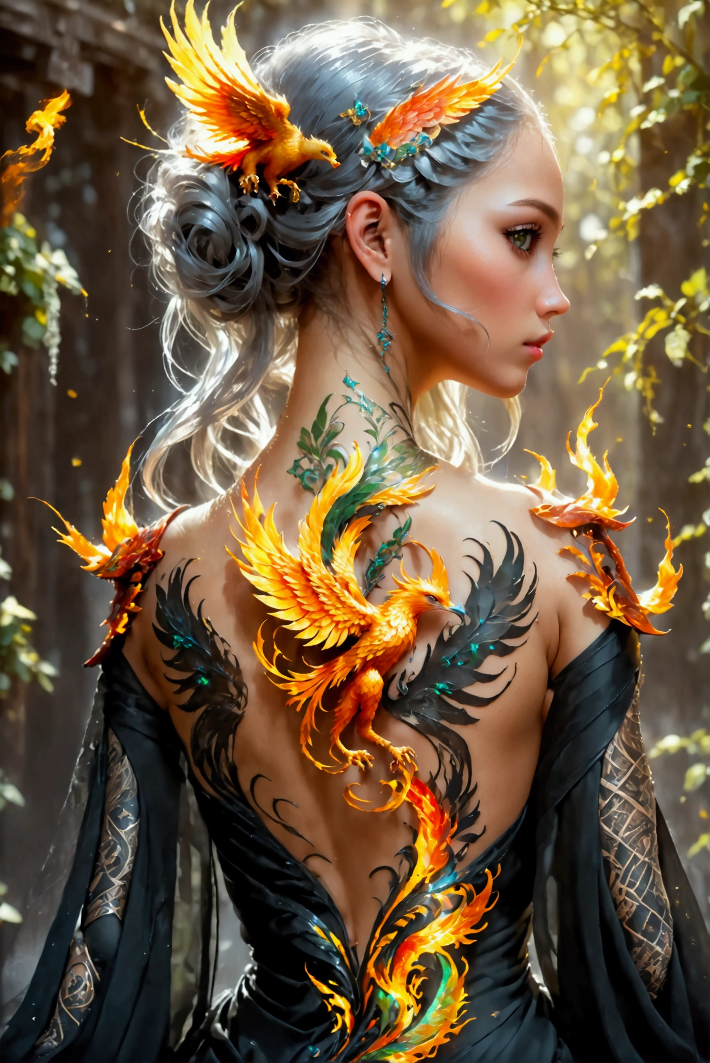 watercolor art, fantasy art, goth art, a picture of a tattoo on the back of a female elf, a glowing tattoo of a ((phoenix: 1.3)) on the elf's back, the ((phoenix tattoo)) is vivid, intricate detailed coming to life from the ink to real life, ((fire surrounds the phoenix: 1.5)), shoot taken from the back, ((the back is visible: 1.3), a most beautiful elf, exquisite beauty, small pointed ears, long hair, she wears a transparent black dress, the dress is elegant, flowing, elven style, that the tattoos glow, blond hair color, dynamic hair style, cinematic light, High Detail, Ultra High Quality, High Resolution, 16K Resolution, Ultra HD Pictures, 3D rendering Ultra Realistic, Clear Details, Realistic Detail, Ultra High Definition,Comistyle, faize, art by mooncryptowow
