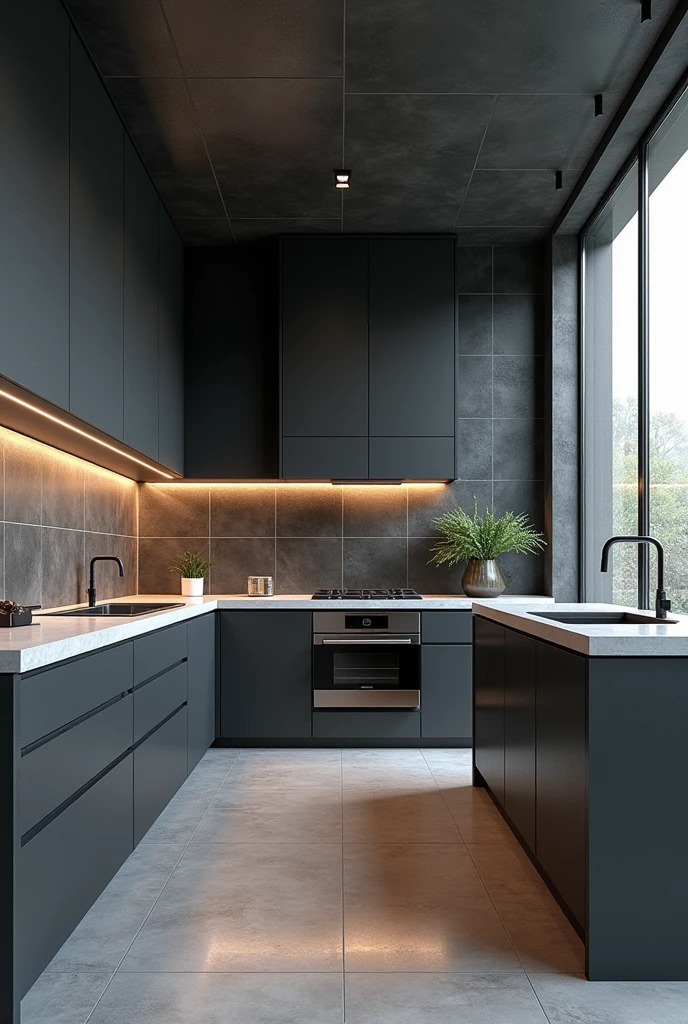Modern kitchen with dark gray tiles
