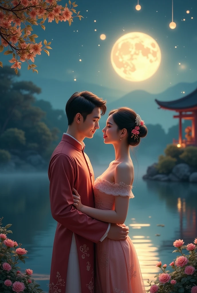 Asian country cute romantic husband wife with romance each other front the moon light