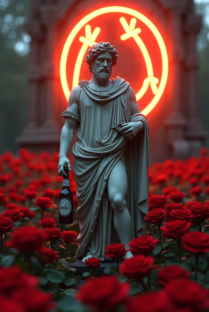 Red roser and thorn, roman statue with a beer bottle watching sport in his grave.. backgrown nirvana symbol light