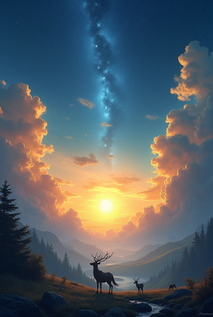 In the fairy tale world, at the moment of dawn, there is a golden sunrise on one side and a sky full of stars on the other