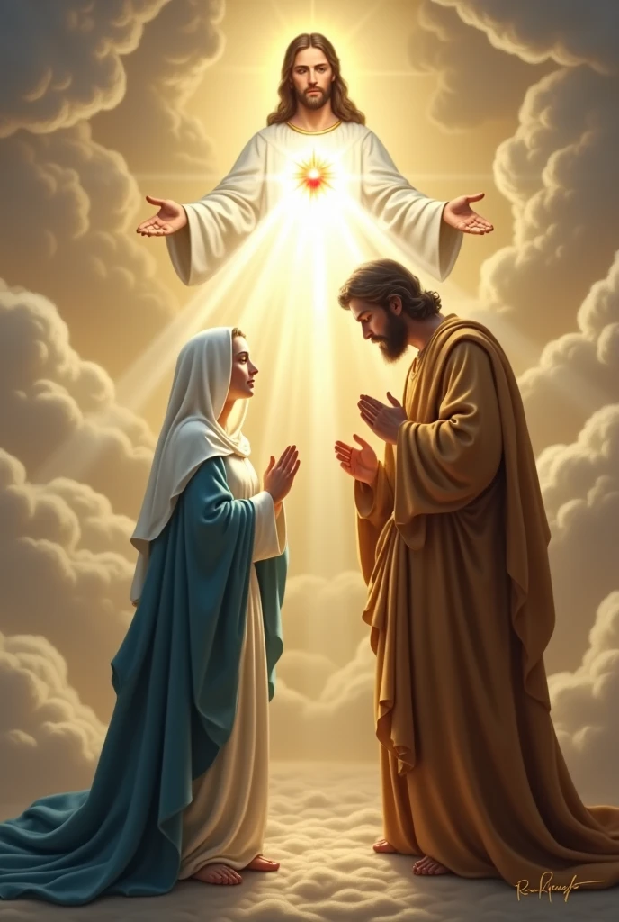 (photorealism:1.2)  divine mercy with mother Mary and joseph