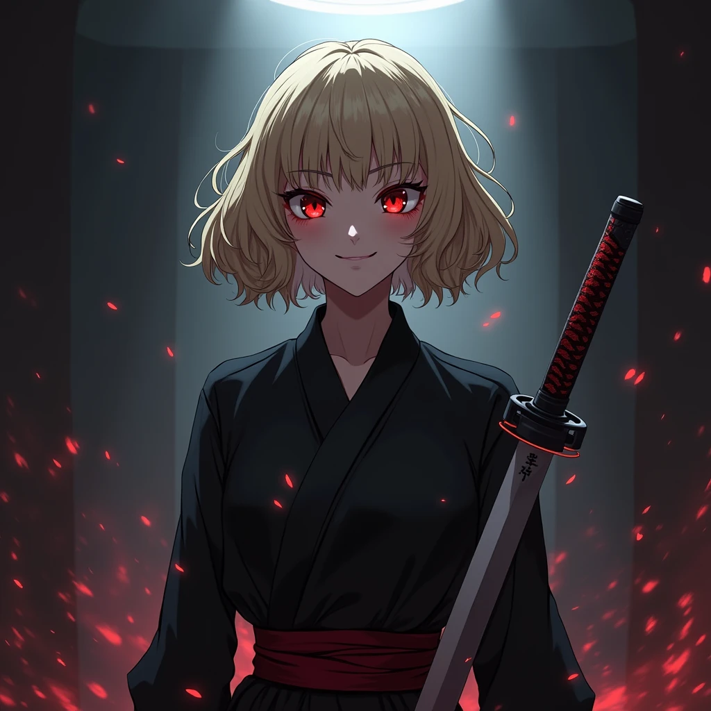 The image is anime style with shadows and dim lights, anime style although somewhat adult and dark, It shows a female android, who looks to be 20 years old, She has short wavy blonde hair, smiles maliciously, while walking holding in his hands a huge katana at his side. He has crimson red eyes. is beautiful, but he seems like a psychopath
