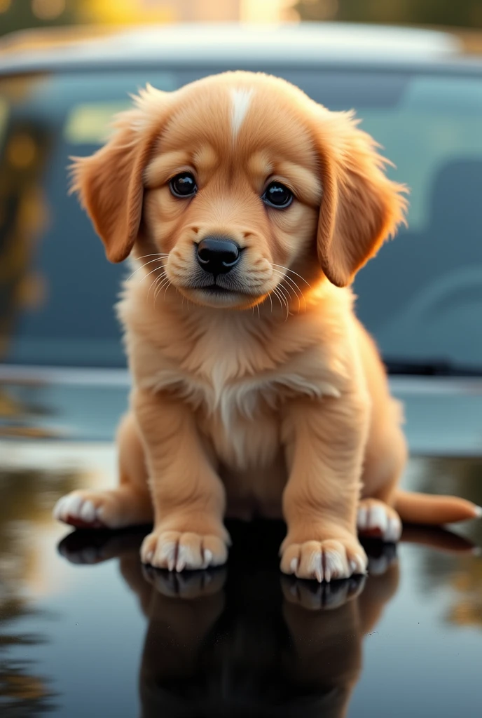A puppy golden brown colour sit on the black car
