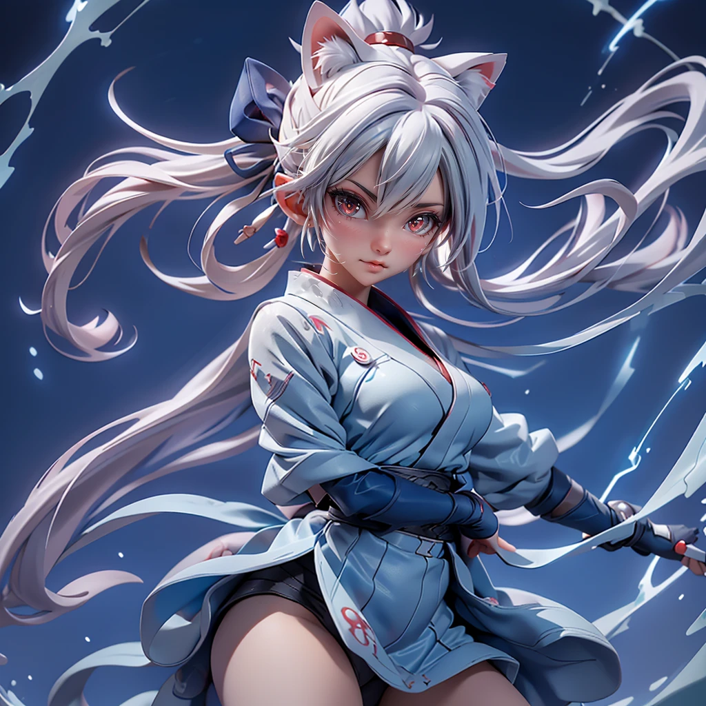 Moisturized Skin, (Red eyes), Realistic body, (Adult female body), Energetic, (), (),3DCG, front, Low - Angle,
break,
Bright red lipstick, (Beautiful belly button), (Silver Hair), ((Cat ear)), Beautiful Hair, (Hatake Kakashi's clothes: 1.3),
break,
((masterpiece + Highest quality + High resolution + Very detailed)), (whole body: 1.2), Symmetric, One shot,
break,
(Electric shock), (The wind is blowing), (Blue Lightning), (Combat Ready: 1.4),
break,
((Big Japan sword)), Swinging a sword, Afterimage, Ninja, In the mansion, assassination, cut, Fantasy, dynamic,