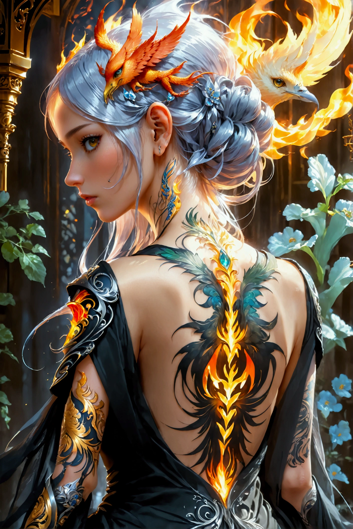 watercolor art, fantasy art, goth art, a picture of a tattoo on the back of a female elf, a glowing tattoo of a ((phoenix: 1.3)) on the elf's back, the ((phoenix tattoo)) is vivid, intricate detailed coming to life from the ink to real life, ((fire surrounds the phoenix: 1.5)), shoot taken from the back, ((the back is visible: 1.3), a most beautiful elf, exquisite beauty, small pointed ears, long hair,  she wears a transparent black dress, the dress is elegant, flowing, elven style, that the tattoos glow, dynamic hair color, dynamic hair style, cinematic light, High Detail, Ultra High Quality, High Resolution, 16K Resolution, Ultra HD Pictures, 3D rendering Ultra Realistic, Clear Details, Realistic Detail, Ultra High Definition,Comistyle, faize, art by mooncryptowow