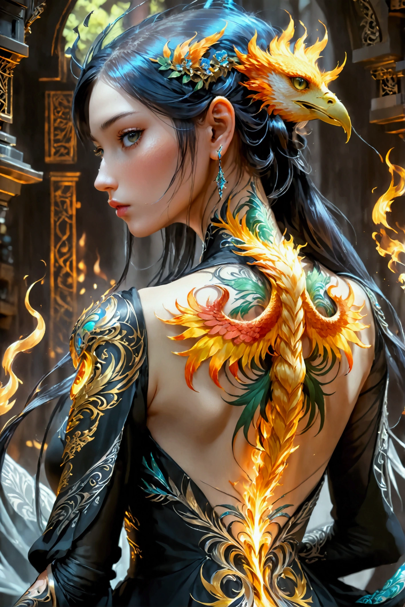 watercolor art, fantasy art, goth art, a picture of a tattoo on the back of a female elf, a glowing tattoo of a ((phoenix: 1.3)) on the elf's back, the ((phoenix tattoo)) is vivid, intricate detailed coming to life from the ink to real life, ((fire surrounds the phoenix: 1.5)), shoot taken from the back, ((the back is visible: 1.3), a most beautiful elf, exquisite beauty, small pointed ears, long hair,  she wears a transparent black dress, the dress is elegant, flowing, elven style, that the tattoos glow, dynamic hair color, dynamic hair style, cinematic light, High Detail, Ultra High Quality, High Resolution, 16K Resolution, Ultra HD Pictures, 3D rendering Ultra Realistic, Clear Details, Realistic Detail, Ultra High Definition,Comistyle, faize, art by mooncryptowow