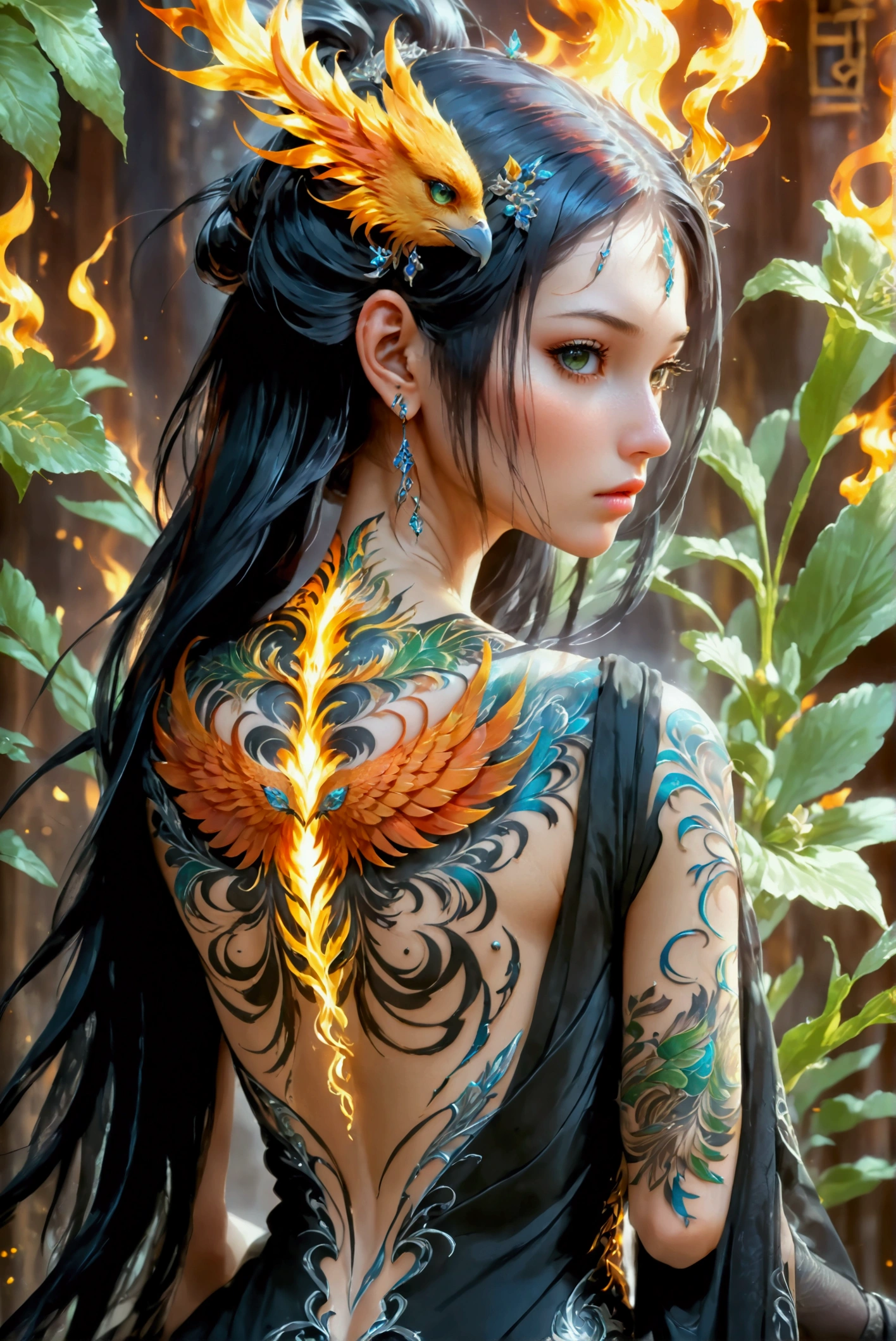 watercolor art, fantasy art, goth art, a picture of a tattoo on the back of a female elf, a glowing tattoo of a ((phoenix: 1.3)) on the elf's back, the ((phoenix tattoo)) is vivid, intricate detailed coming to life from the ink to real life, ((fire surrounds the phoenix: 1.5)), shoot taken from the back, ((the back is visible: 1.3), a most beautiful elf, exquisite beauty, small pointed ears, long hair, she wears a transparent black dress, the dress is elegant, flowing, elven style, that the tattoos glow, dynamic hair color, dynamic hair style, cinematic light, High Detail, Ultra High Quality, High Resolution, 16K Resolution, Ultra HD Pictures, 3D rendering Ultra Realistic, Clear Details, Realistic Detail, Ultra High Definition,Comistyle, faize, art by mooncryptowow