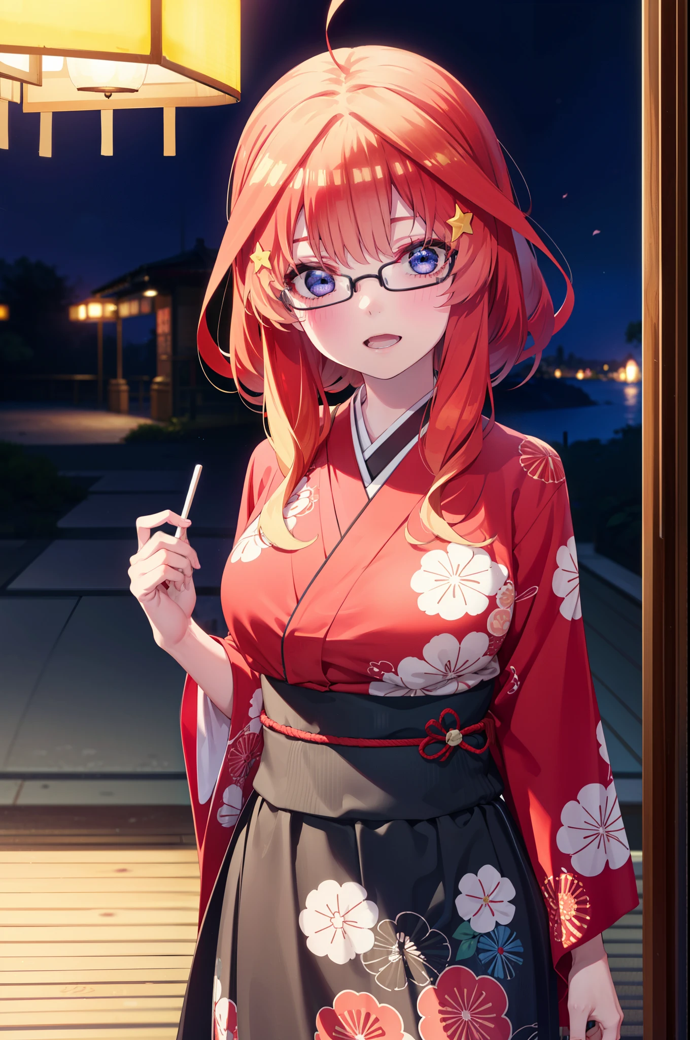 itsukinakano, Itsuki Nakano, bangs, blue eyes, Hair between the eyes, Ahoge, Redhead, star \(symbol\), hair ornaments, star hair ornaments,花のhair ornaments,Black-rimmed glasses,hair tied back,smile,blush,Open your mouth,Big Breasts,night,Red Kimono,Long skirt,He is holding cotton candy in his right hand and a clear bag full of cotton candy in his left hand.,Japanese Festivals,Summer festival food stalls,Red lantern,whole bodyがイラストに入るように,
break looking at viewer,whole body, (Cowboy Shot:1. 5),
break outdoors, Veranda,
break (masterpiece:1.2), Highest quality, High resolution, unity 8k wallpaper, (figure:0.8), (Beautiful attention to detail:1.6), Highly detailed face, Perfect lighting, Highly detailed CG, (Perfect hands, Perfect Anatomy),
