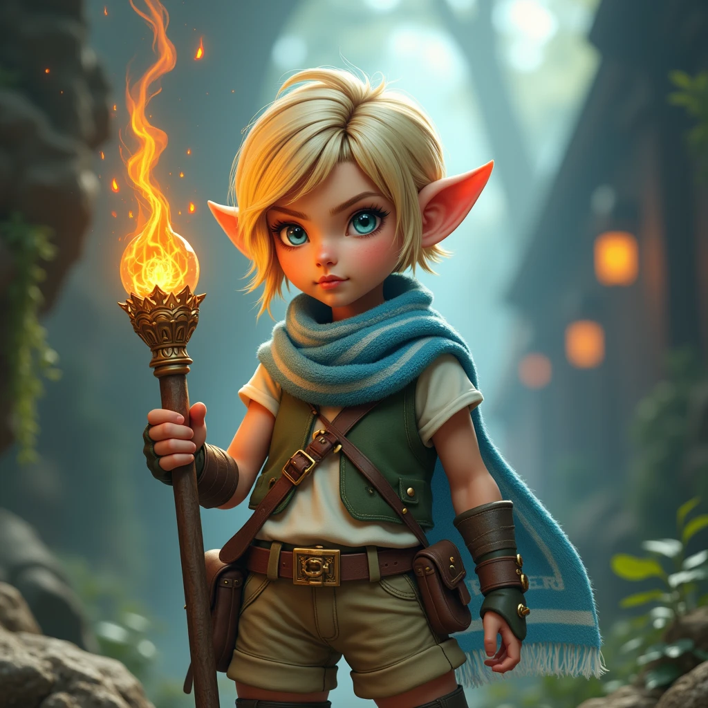 (best quality,4k,8k,highres,masterpiece:1.2),ultra-detailed, female gnome, short blond hair, blue eyes, light blue scarf with white stripes, khaki cargo shorts, green vest, wielding an orbstaff, RPGGnome, short girl, small girl, HDR, 8k, absurdres, cinestill 800, sharp focus, add_detail:2, photorealistic, (solo, woman)