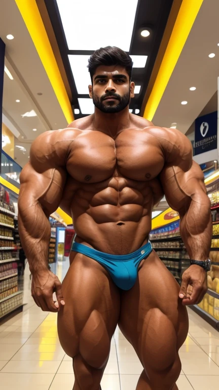 Indian latino muscular hunk, standing in shopping mall, head to thigh view