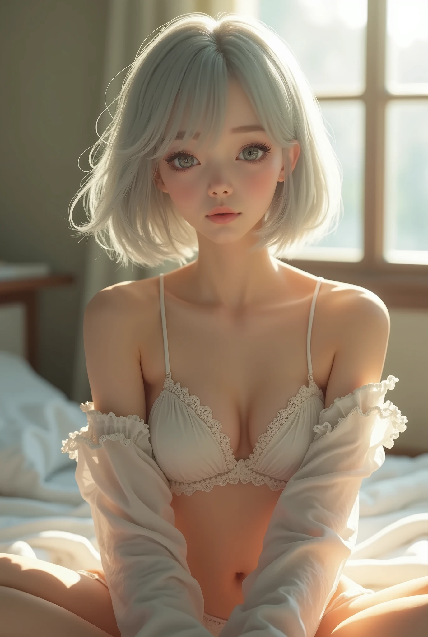 (8k, Realistic: 1.4, Raw photo, Best image quality: 1.4),Japanese idol-style beautiful girl,1,(Short Bob),(Silver Hair),Hang your hair over your ears,Large, clear gray eyes,Long eyelashes,Translucent, finely textured skin,No makeup,cheek(healthy complexion),lips(Plump),thin long neck,Thin and delicate shoulders,(bra(White,Frills,race)),toned thin waist,(Panties(White,Frills,race)).Waking up.Sitting in Hu Sitting,Arms folded behind head,I&#39;m stretching my back.,The morning sun shines on her face,Scenery of the morning sun shining through the window,Front view,Snap a full body shot