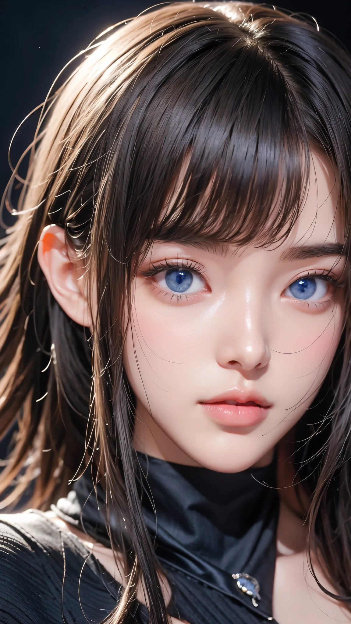 masterpiece, Highest quality, Very detailed, Facing the camera, 複雑に詳細なSuper detailed, Realistic, Sharp features, Very detailed, Sharp focus, Perfect Face, Perfect Face, Perfect symmetrical perfect eyes, Perfect Plump Lips, Flexible female form, Cinematic, Film Light, Super detailed, hyper Realistic, masterpiece, Atmospheric, High resolution, Vibrant, Dynamic Studio Lighting, ((Dark Background)), The expression when receiving pleasure, Straight bangs, blue eyes,Black sweater, Cowboy Shot, Big Breasts,