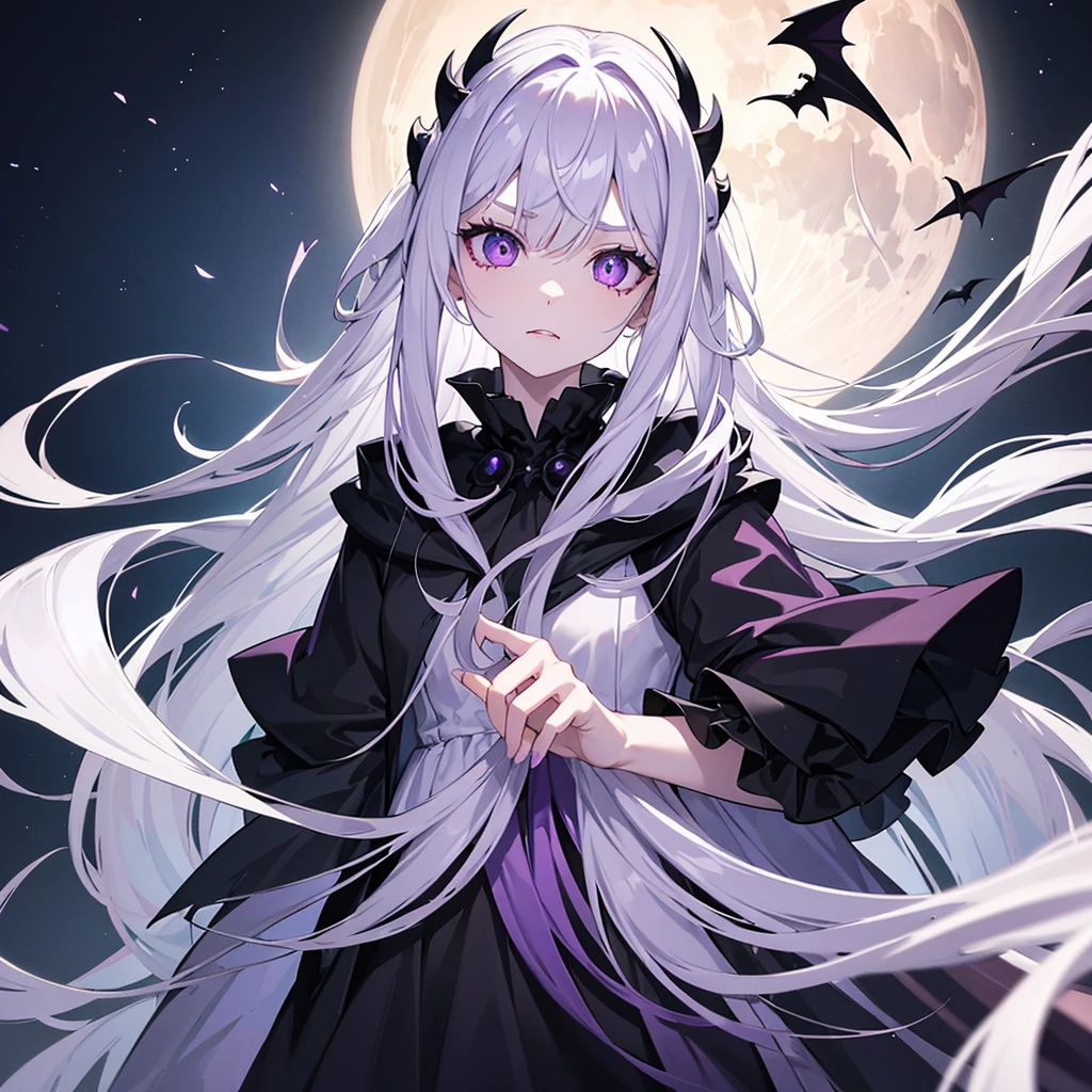 One girl, ghost girl with pale white skin and purple crystalline eyes, long white hair with purple highlights. She has demon fangs and a sneering expression. Two small black bats with crystalline irises rest on her shoulders. She's wearing a black cloak with a hood, her hair spilling out. The camera focuses on her face, framed by a full moon on a dark, clear night. Her body is not visible in the image.
