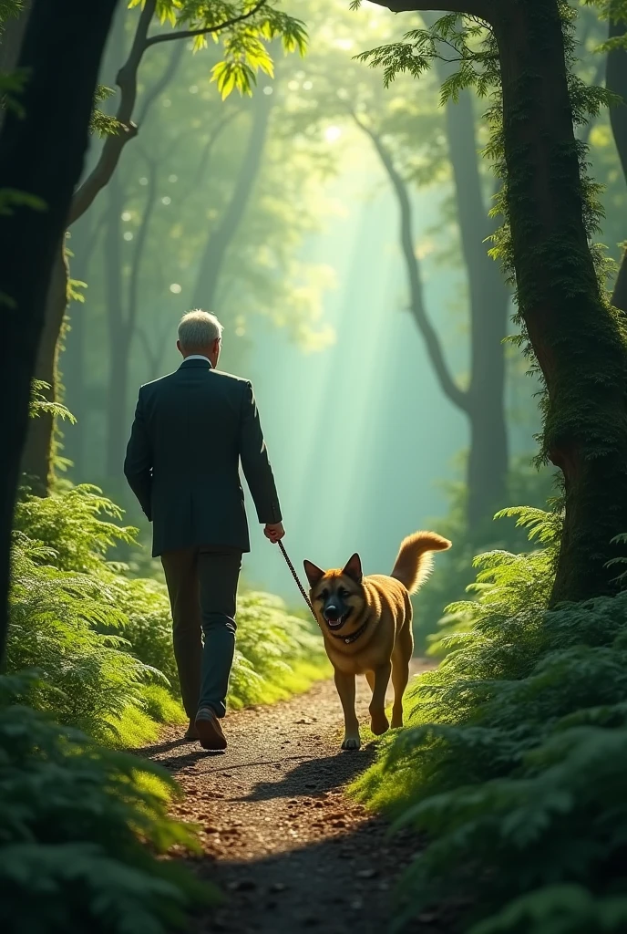 dog walking man on leash in forest