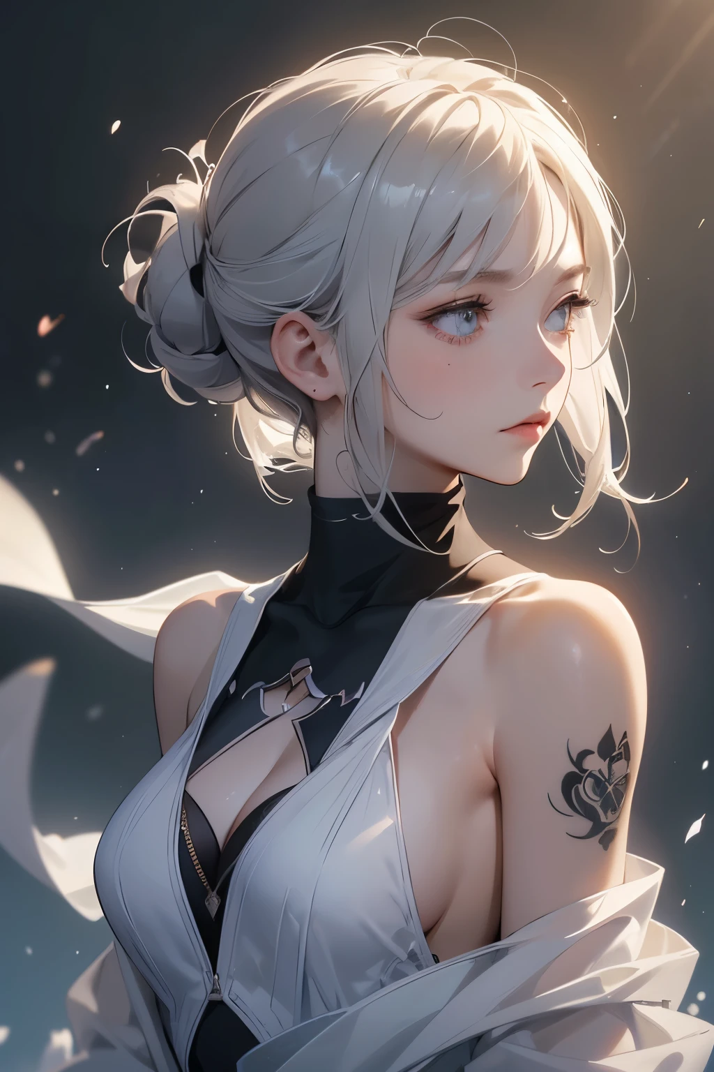 (Image from chest up:1.4)((masterpiece:1.5,Highest quality,Beautiful images、2.5D、Abstract、artistic、Portraiture))(One person, solo)(Medium chest, sideboob, turtleneck、Gray Hair、Bob Hair、Expose your shoulders、Shoulder Tattoo, slender body shape)(横顔のPortraiture,Look at me sideways、Look at an angle、shake your head、Sad look, Floating Hair)(Monotone artistic background、Plain background)((From the side:1.5)),