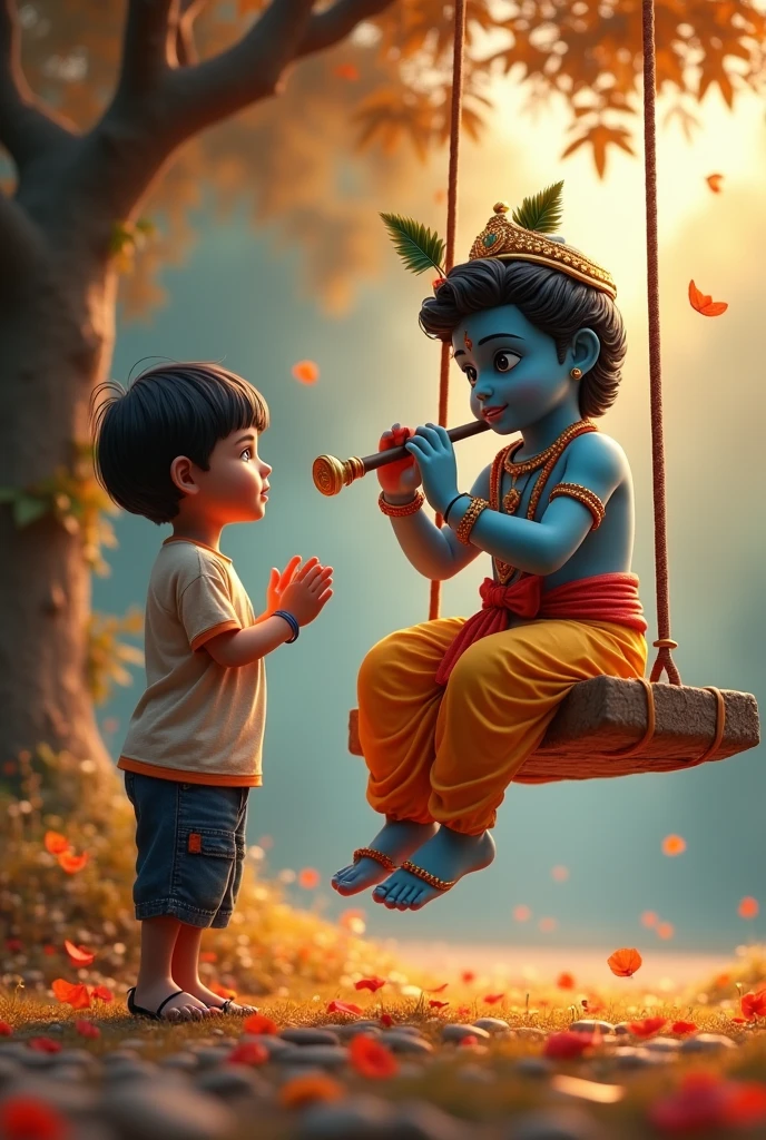 create a 3D realistic picture "A boy is worshiping Shree Krishna and Shree krishna is sitting on a swing and playing flute and " vn choudhary " is written on the boy's t-shirts and the boy is worshiping and in the background "Happy Janmashtami" is written in bold font clearly, make sure everything should be correct