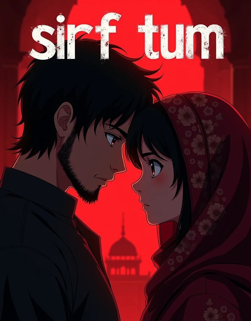 Create a anime style landscape Poster image. Dramatic movie poster featuring two individuals in an intense, close-up moment. The layout is vertical with the capital title '(SIRF TUM)' prominently displayed at the top in bold, distressed white text with a slight shadow effect. The background is a deep red gradient, adding to the dramatic effect. The male on the left has medium-length, tousled hair, a beard, and a serious expression, wearing a light-colored shirt. The female on the right has fair skin, dark hair, and is wearing a traditional, intricately embroidered headscarf with floral patterns. Both characters are gazing into each other's eyes, creating a sense of tension and emotion. The background features a dimly lit architectural structure, adding depth to the scene. 4k, UHD, ULTRA HIGH QUALITY, FULL HD.