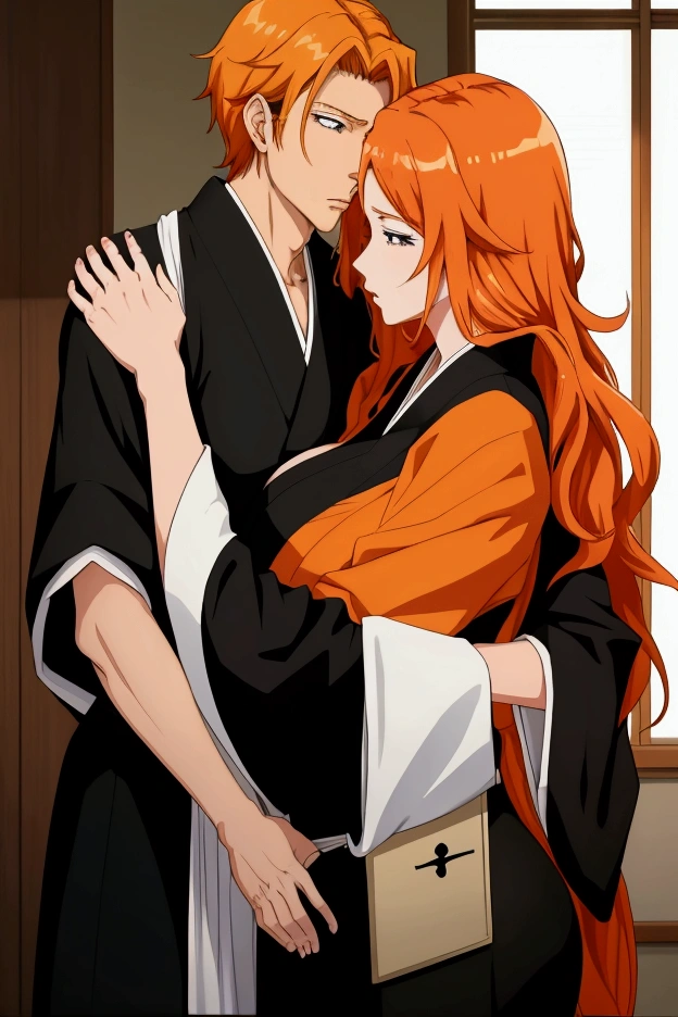 masterpiece, Best Quality, Matsumoto Rankiku, tall woman, long orange hair, black kimono, waist, neckline, wad of bills, big breasts, close up, Upper part of the body, shiny skin, hugging a boy, listening to heartbeat, size difference, looking with love