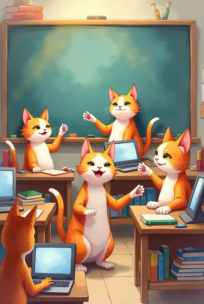 Watercolor style，A group of anthropomorphic cats are in class, learning how to use AI