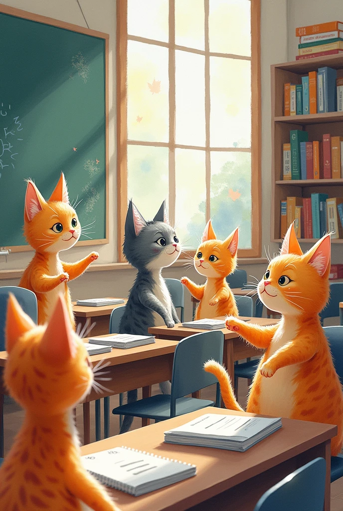 Watercolor style，A group of anthropomorphic cats are in class, learning how to use AI