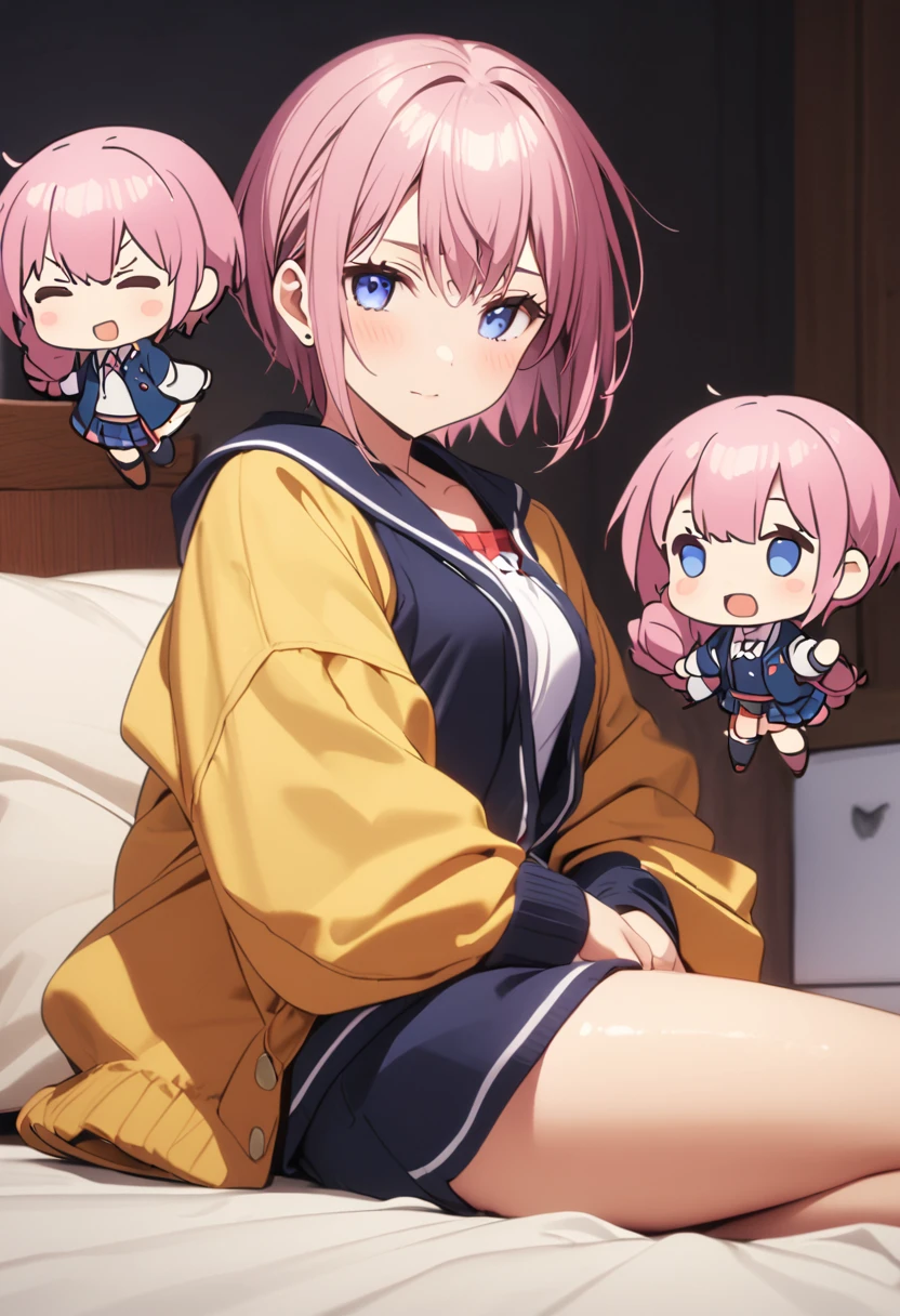 (Highest quality, 4K, 8k, High resolution, masterpiece:1.2), Very detailed, Picturesque, Animated Photography, Photo Animation:1.37)、Japanese schoolgirl、(Pink Hair)、(Pixie Cut)、(chibi:1.4),white shirt、short pants、sitting on bed、kneeling、Full body photography、Nakano ichika
