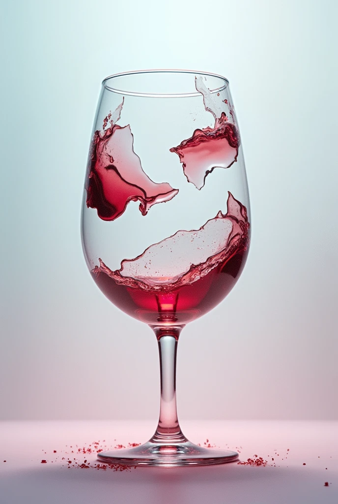 wine glass cut into four equal parts, parts that are separated from each other, and in the center of the four parts the wine content floating in the air