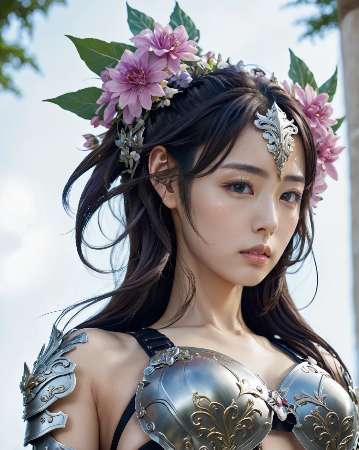 a close up of a woman in armor with flowers in her hair, armor girl, ornate bikini armor, beautiful armor, stunning armor, anime goddess, detailed anime art, gorgeous female paladin, anime fantasy illustration, detailed anime artwork, 2. 5 d cgi anime fantasy artwork, anime fantasy artwork, biomechanical oppai, clean detailed anime art, detailed digital anime art