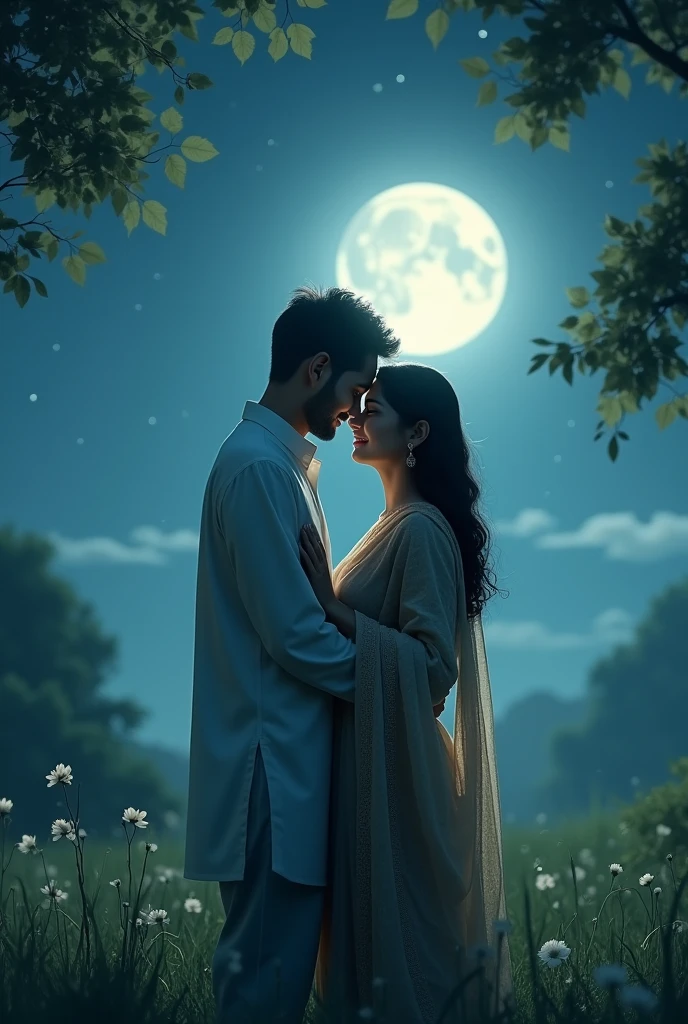 Bangladesh cute romantic husband wife with romance each other front the moon light
