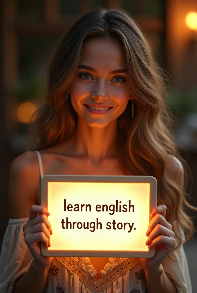 Beautiful girl with heart-warming smile and wavy long hair, bohemian dress, holding a white board with text "learn English Through Story" and showing it to the viewer, the board is glowing with  the text.