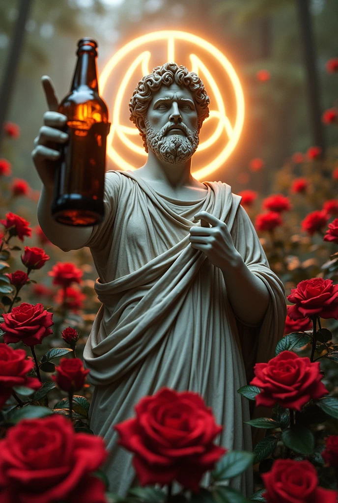 More Red roses and thorn, roman statue showing middle finger with a beer bottle watching sport in his grave.. backgrown nirvana symbol light