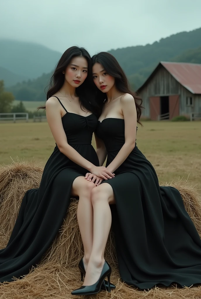 cinematic portrait of two curvy asian women, wearing black dresses, black shoes, sitting on a pile of hay, with a horse farm in the background, overcast sky