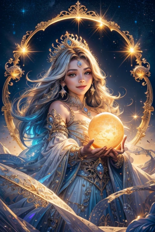 A light orb with magician circle around the orb, hand, many shining butterfly, beautiful smile, sparkle sky, shining, gust of wind, light bright flowers, sun and moon, dark light of fantastic and cosmological with universal. Amazing view very bright and warm starry. Detail, HD, Enchanted. Multiple colours. Beautiful perfect face and anatomy. Amazing bright dress. Very epic and bright, best pose. A goddess. Golden shining accessories. Cute. Sky half bright, half starry dark. Diamond on the crown, split up sky into day and night. Match