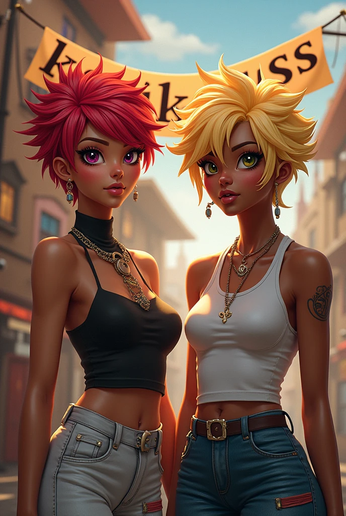 Two guy with brown skin and red and blonde hair and they use banner "KomikuSSS"
