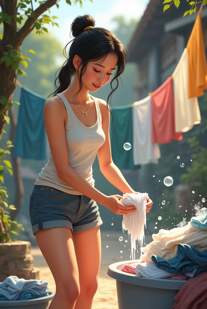 A 20-year-old Thai woman wearing shorts and a sleeveless shirt is washing clothes. ,Pile of clothes,Drying clothes,bubble

