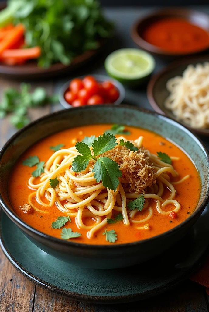 Thai Khao Soi - A curry noodle soup from Northern Thailand, featuring egg noodles in a rich coconut milk broth, topped with crispy noodles and pickled vegetables.