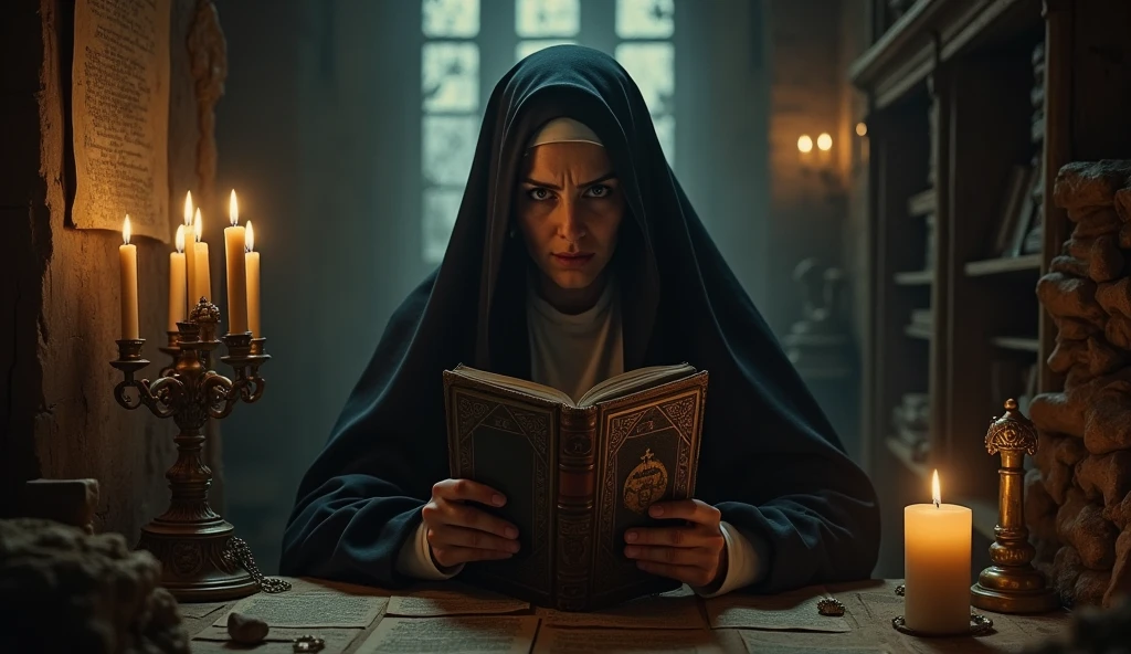 The Nun of Monza holding a mysterious, ancient book in a candle-lit chamber. The room is filled with religious relics, old manuscripts, and hidden compartments. Her face is partly obscured by the shadows, and she has a look of both fear and determination, as if guarding a dark secret