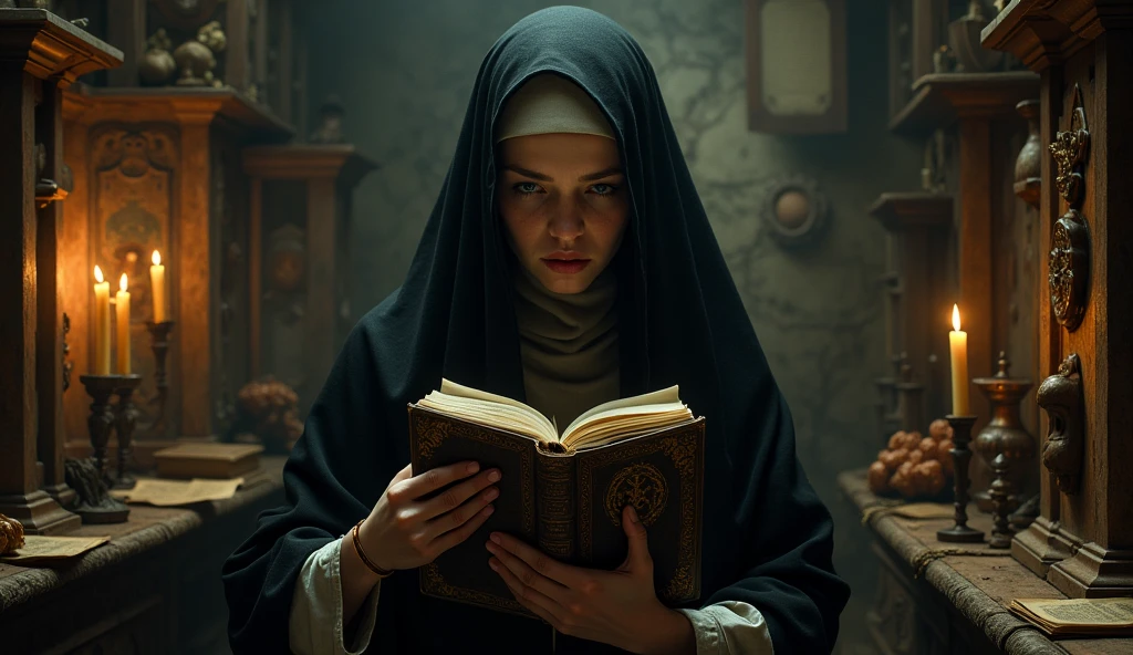 The Nun of Monza holding a mysterious, ancient book in a candle-lit chamber. The room is filled with religious relics, old manuscripts, and hidden compartments. Her face is partly obscured by the shadows, and she has a look of both fear and determination, as if guarding a dark secret