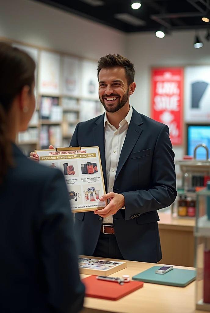 Sales person standing with cash sale board
