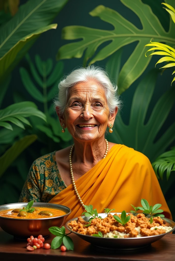 banana leaf background with a happy beautiful old lady with restaurant name kolapasi indian cuisine with tag line fuel your hunger and thali with items