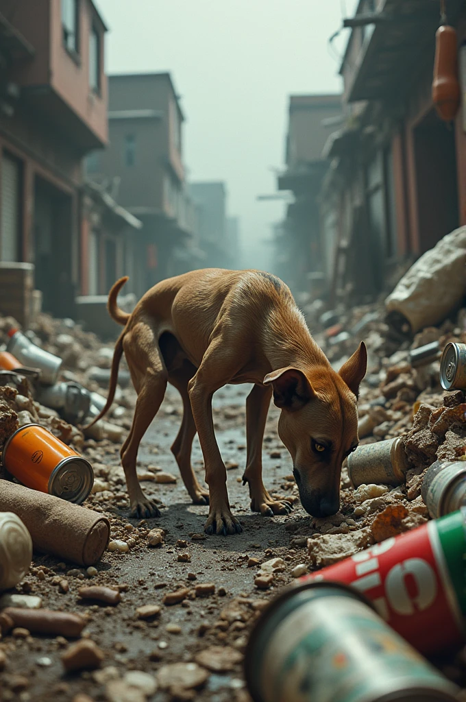 A skinny dog looking for food in the garbage dump