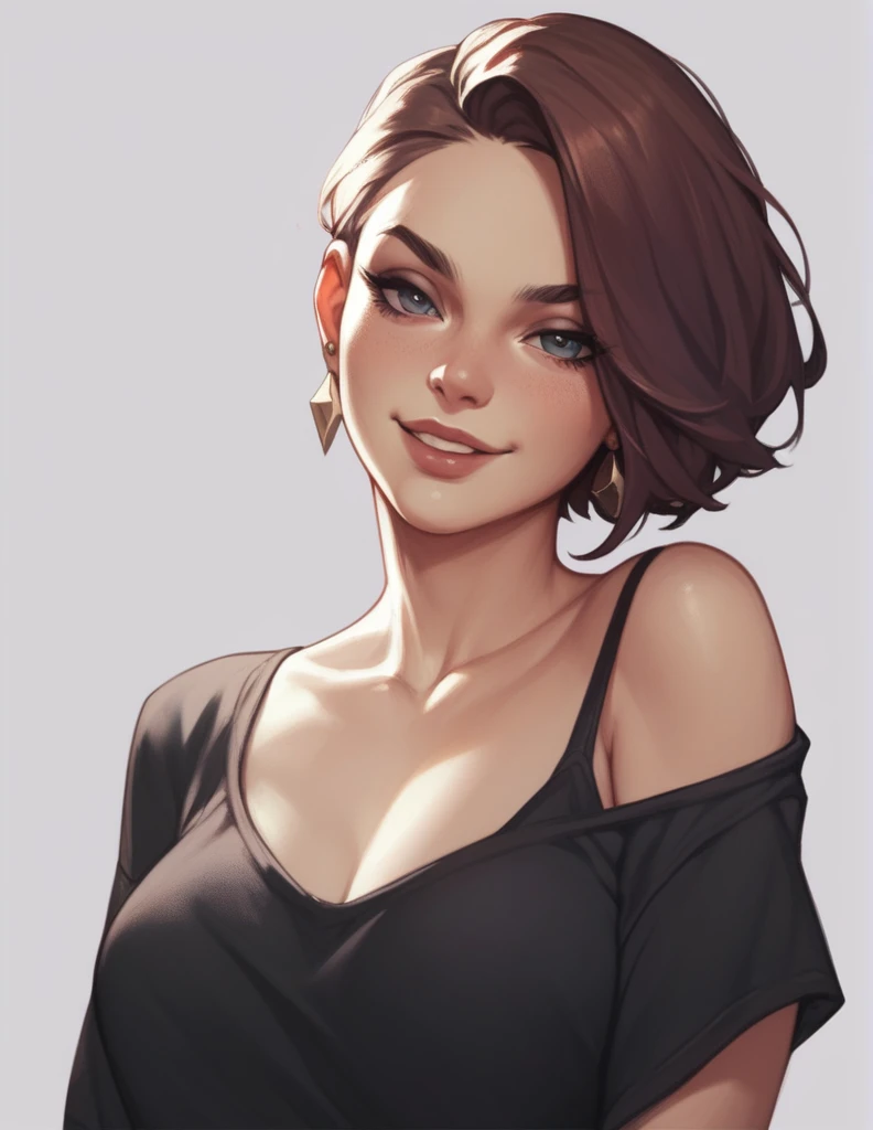 Very sexy mother, with a low-cut black top and a large bust, seducing your son, who is behind her pulling her hair