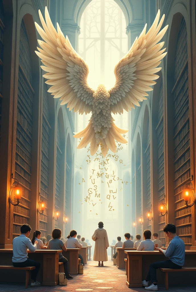 library,Book , knowledge,wing made of latters, 
students,and wise teacher
 reading book as  watercolour drawing 



