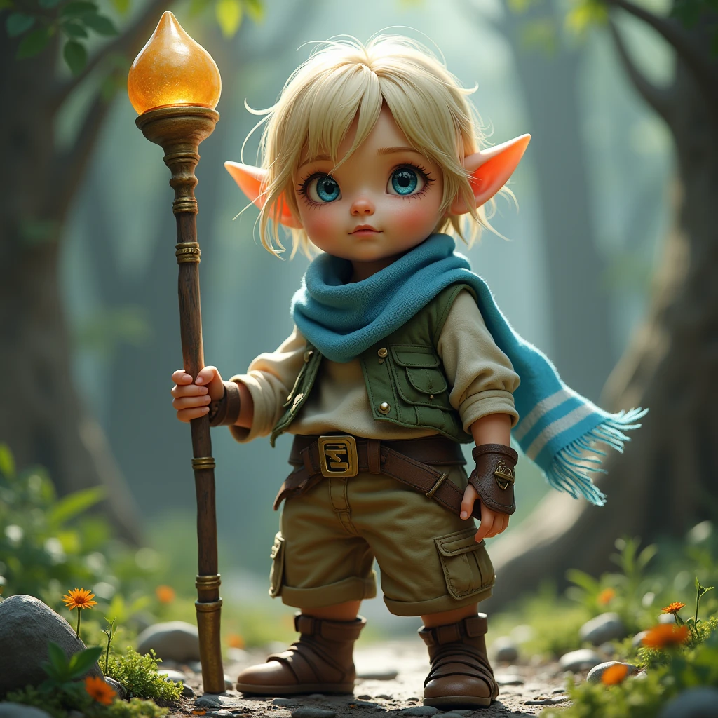 (best quality,4k,8k,highres,masterpiece:1.2),ultra-detailed, female gnome, short blond hair, blue eyes, light blue scarf with white stripes, khaki cargo shorts, green vest, wielding an orbstaff, short girl, small girl, HDR, 8k, absurdres, cinestill 800, sharp focus, add_detail:2, photorealistic, (solo, woman)