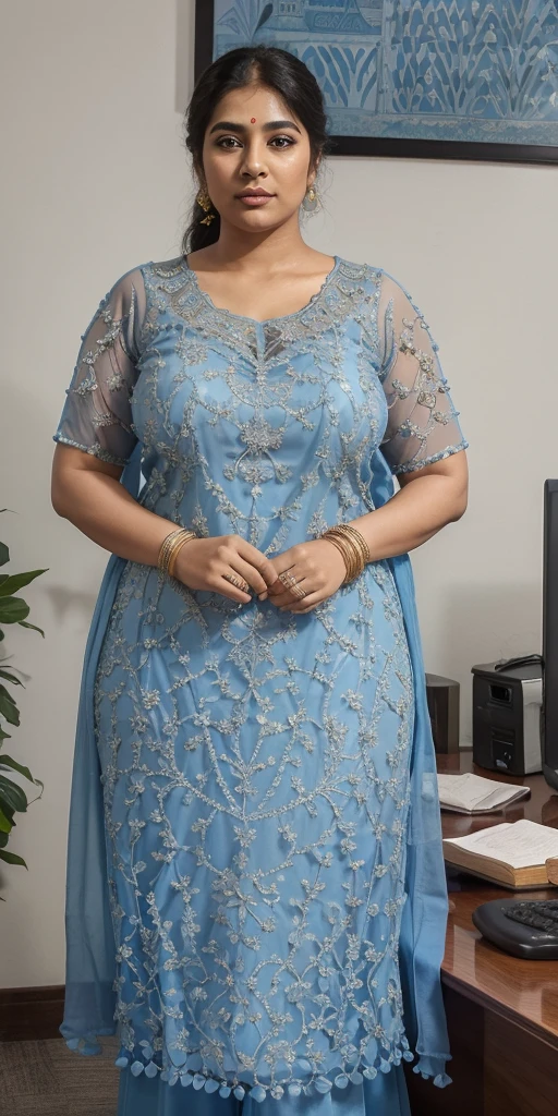 Day scene, A radiant, full-figured South Indian 3 aunty a navy blue colour chiffon fully transparent kurta, bra visible through kurta, ,standing, in a office captured in a full-body image with vibrant hues and meticulous details. Full body image