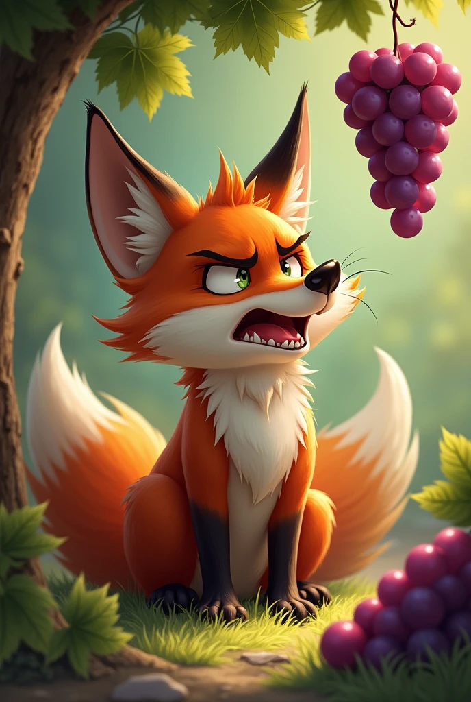 "After several unsuccessful attempts, the fox sits back, panting with frustration. He glares at the grapes, his hunger turning to annoyance."