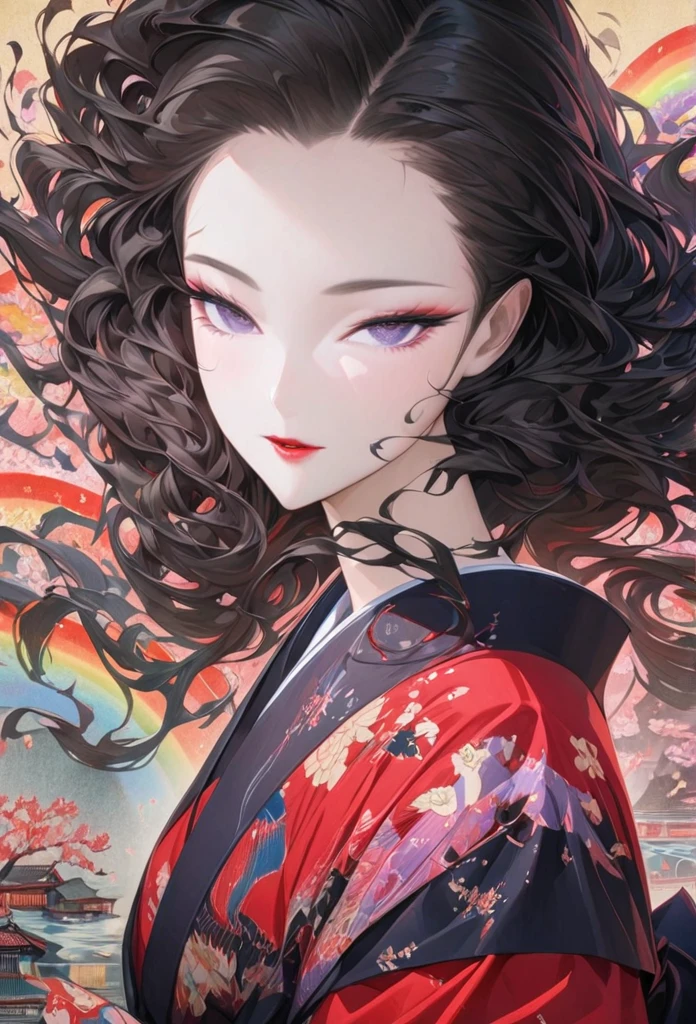 A fusion of watercolor and oil painting, , Mix of Japanese paintings, Ukiyo-e and woodblock prints, Conceptual installation art, Beautiful Princess, Enchanting and seductive expression, compensate, Best body shape, colorfulな日本の着物を着ている, (Super detailed, The absolute solution, Highest quality:1.3), 2.5D, delicate and dynamic, artistic, Hyper, Graphics CG Digital Art, The background is old Japanese paper with a rainbow pattern.、Black Hair、Black Eye、Red kimono、Dancing Kimono、Fluttering hair、Bob Hair、eye shadow、Eyeliner、mascara、lipstick、colorful
