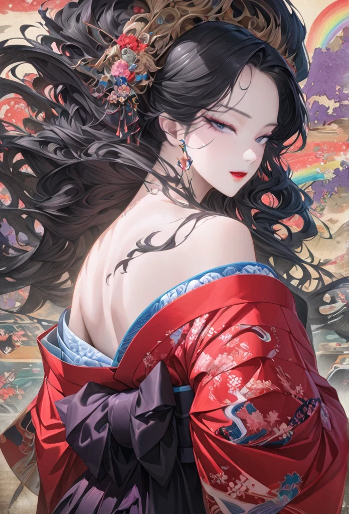 A fusion of watercolor and oil painting, , Mix of Japanese paintings, Ukiyo-e and woodblock prints, Conceptual installation art, Beautiful Princess, Enchanting and seductive expression, compensate, Best body shape, colorfulな日本の着物を着ている, (Super detailed, The absolute solution, Highest quality:1.3), 2.5D, delicate and dynamic, artistic, Hyper, Graphics CG Digital Art, The background is old Japanese paper with a rainbow pattern.、Black Hair、Black Eye、Red kimono、Dancing Kimono、Fluttering hair、Bob Hair、eye shadow、Eyeliner、mascara、lipstick、colorful