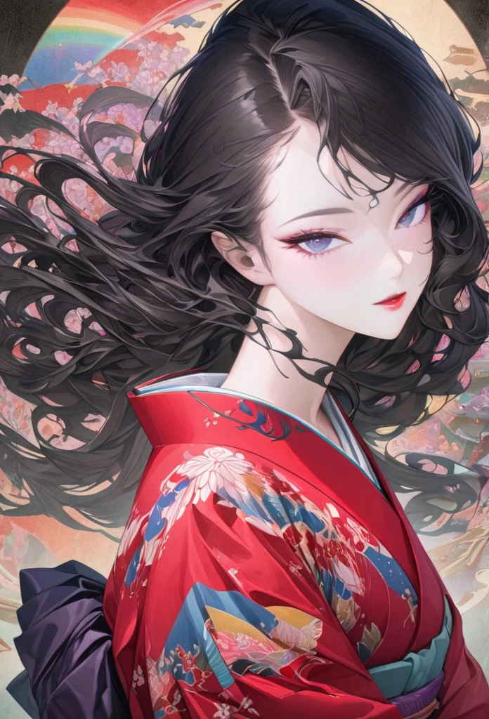 A fusion of watercolor and oil painting, , Mix of Japanese paintings, Ukiyo-e and woodblock prints, Conceptual installation art, Beautiful Princess, Enchanting and seductive expression, compensate, Best body shape, colorfulな日本の着物を着ている, (Super detailed, The absolute solution, Highest quality:1.3), 2.5D, delicate and dynamic, artistic, Hyper, Graphics CG Digital Art, The background is old Japanese paper with a rainbow pattern.、Black Hair、Black Eye、Red kimono、Dancing Kimono、Fluttering hair、Bob Hair、eye shadow、Eyeliner、mascara、lipstick、colorful